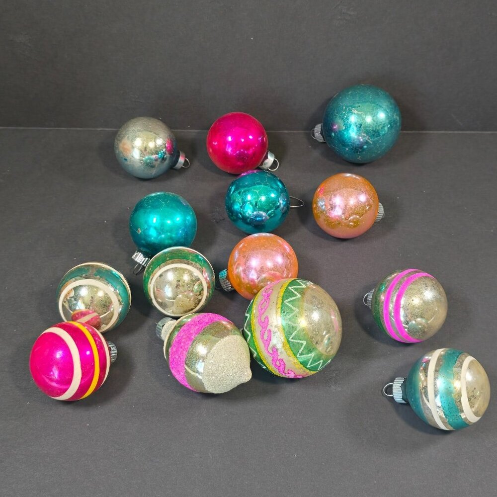 Vintage Shiny Brite Glass Christmas Ornaments Lot of 14 Mixed Colors Pattern - Picture 15 of 16
